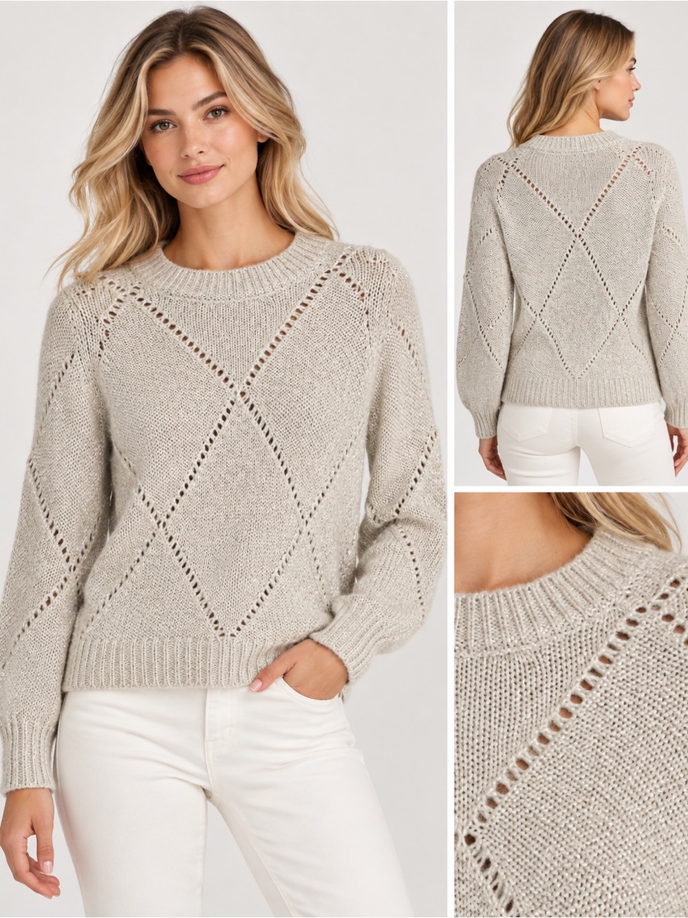 Tommy Bahama Womens XXS Ivory Metallic Knit Sweater Diamond Pattern Pullover.